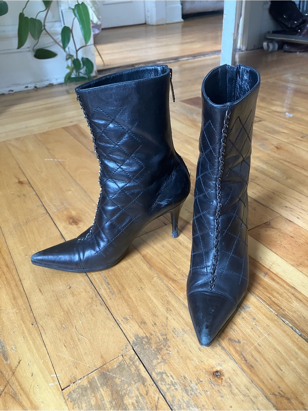 VINTAGE CHANEL QUILTED CHAIN ACCENT ANKLE BOOTS